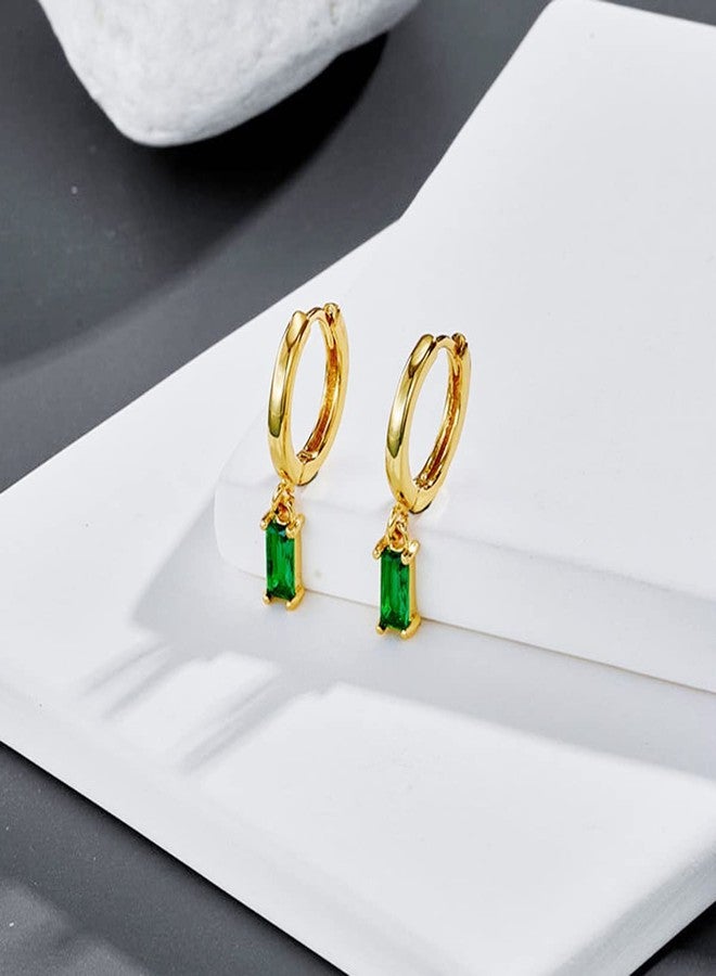 BLBLJERY Green Earrings 18k Gold Plated Huggie Earring with Dangle Simulated Emerald Earrings for Women Small Gold Huggie Hoop Baguette Earring - Image 5